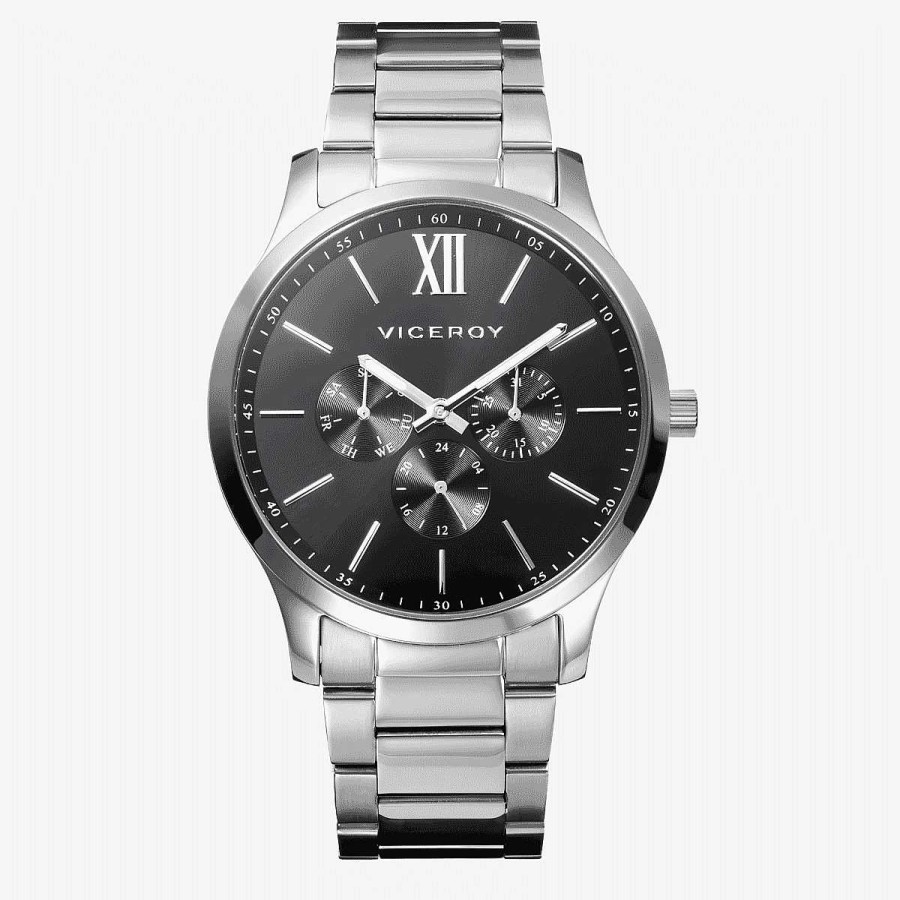 Relojes Viceroy  | Reloj Viceroy Magnum, Multifunci N, Brazalete Acero Plateado, Esfera Negra