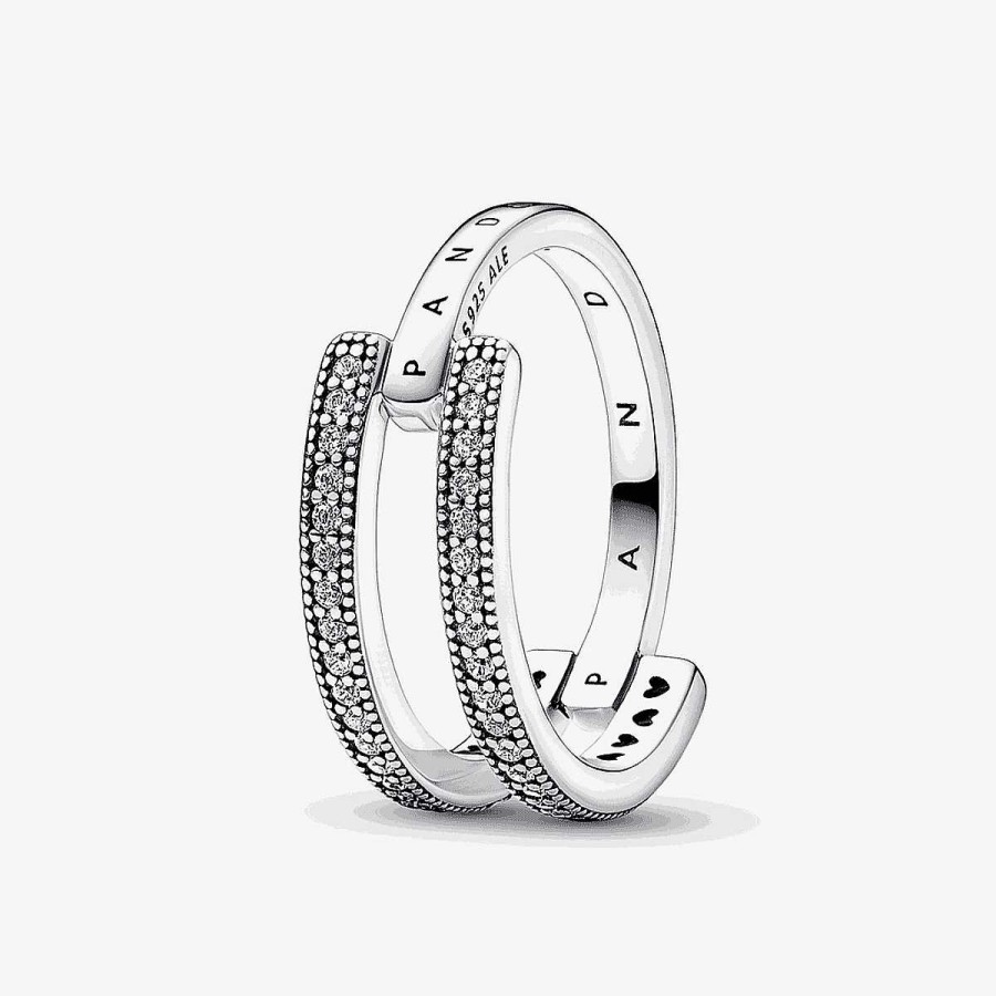 Joyer A Pandora  | Anillo Doble Banda Logo Y Pav Pandora Signature