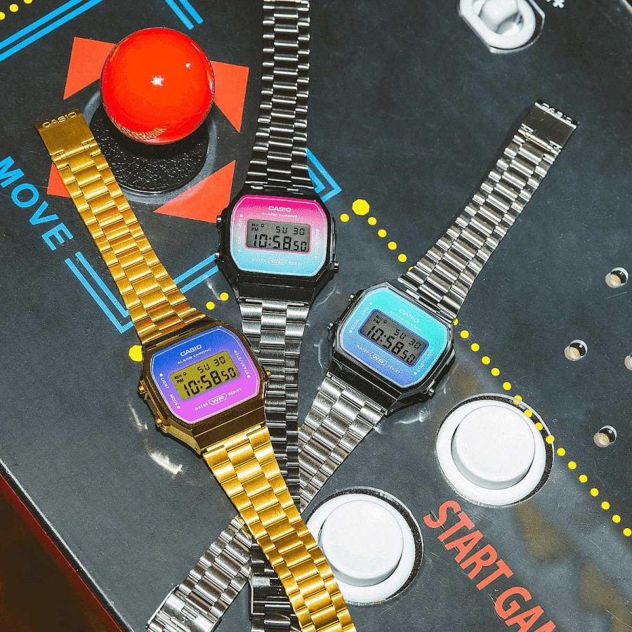 Relojes Casio  | Reloj Casio Vintage Iconic Acero Plateado Esfera Degradada Rosa Y Azul