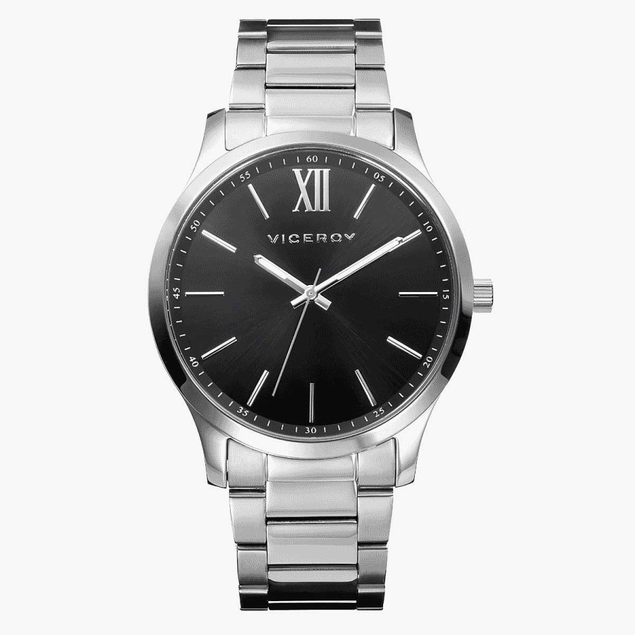 Relojes Viceroy  | Reloj Viceroy Magnum, Tres Agujas, Brazalete Acero Plateado, Esfera Negra