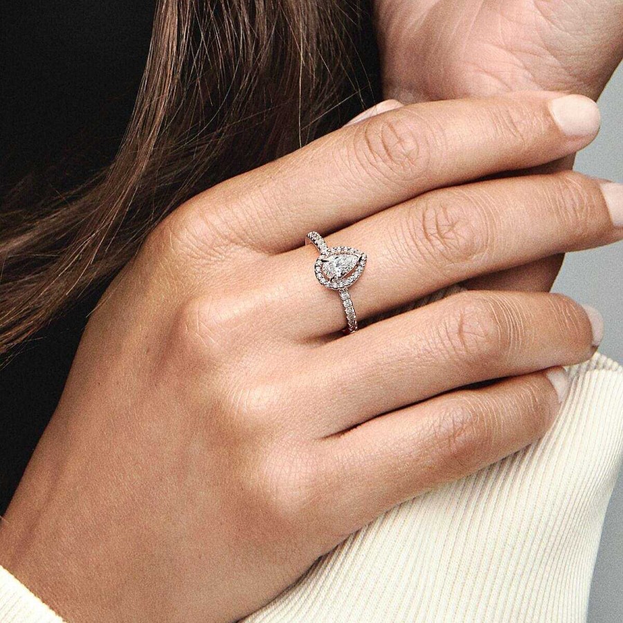 Joyer A Pandora  | Anillo Pandora Halo Brillante Corte Pera, Chapado En Oror Rosa